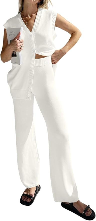 Tankaneo Womens Knit 2 Piece Outfits Sets Sleeveless Button Down Vest Tops Wide Leg Pants Lounge ... | Amazon (US)