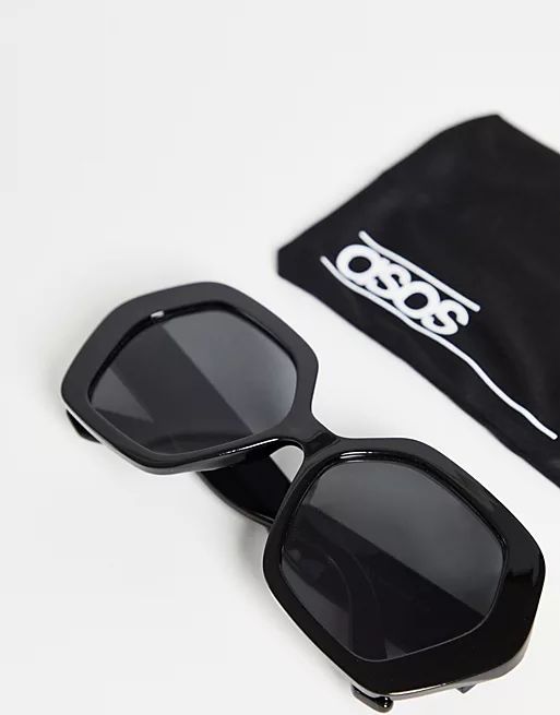 ASOS DESIGN hexagon oversized 70s sunglasses in black - BLACK | ASOS (Global)