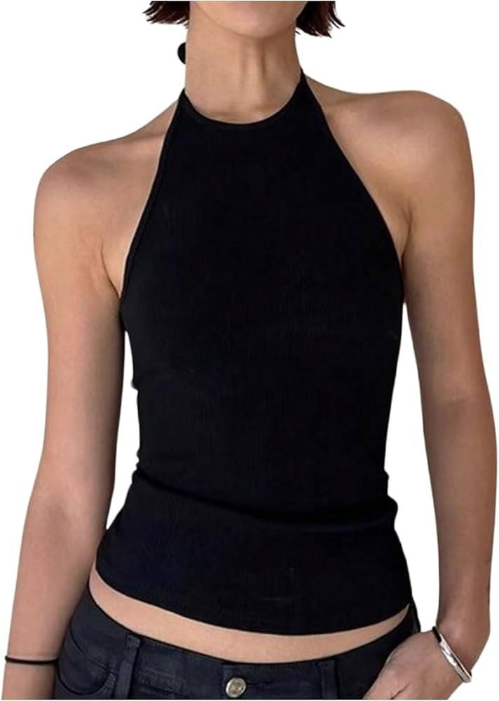 RoseSeek Women's Halter Tops Tie Neck Slim Fit Top Sleeveless Summer Tops Streetwear | Amazon (US)