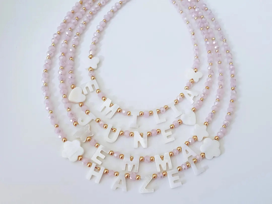 Toddler Name Necklace With Mother of Pearl Letter Necklace, Pink Necklace With Pearl Letters ,cus... | Etsy (US)
