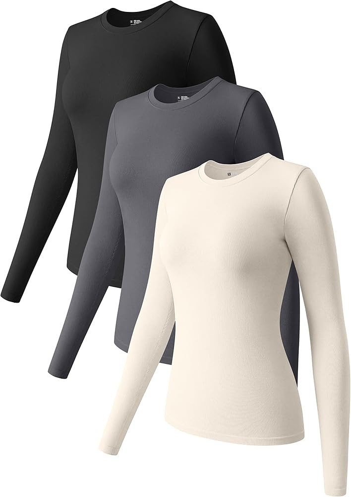 OQQ Womens 3 Piece Long Sleeve Tops Crew Neck Stretch Fitted Underscrubs Layer Tee Shirts 2025 Ca... | Amazon (US)