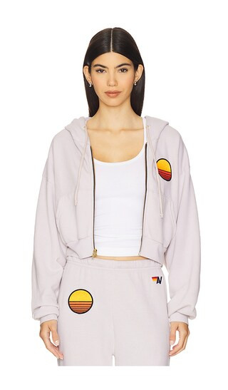 Sunset Patch Cropped Zip Relaxed Hoodie in Dove Grey | Revolve Clothing (Global)