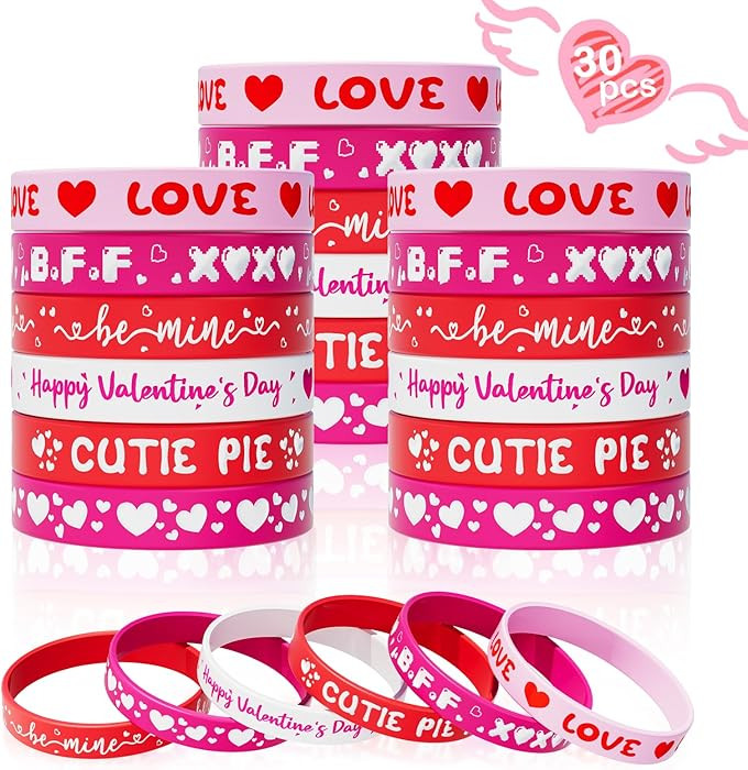 Valentine's Day Rubber Bracelets Bulk - 30PCS Valentines Day Gifts for Kids Valentines Party Favo... | Amazon (US)