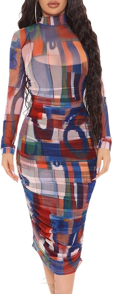 MOEENCN Women's Sexy Bodycon Midi Dress Long Sleeve Ruched Sheer Mesh See Through Printed Crew Ne... | Amazon (US)