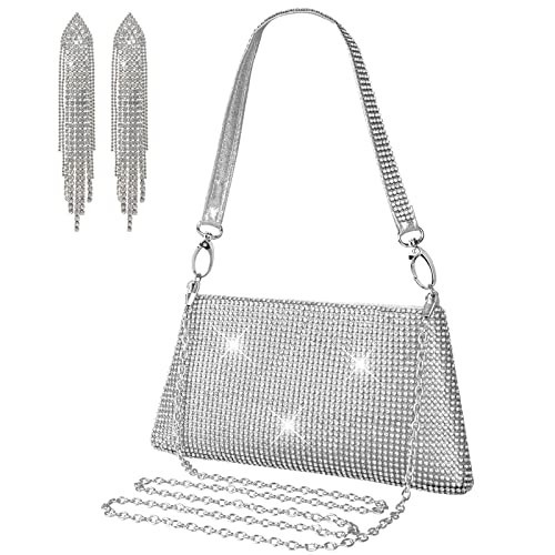 Rumdin Evening Bag Clutch Purses for Women Rhinestone Crossbody Purse Top Silver Mesh Bag for Girls Parties Gift Earrings | Amazon (US)