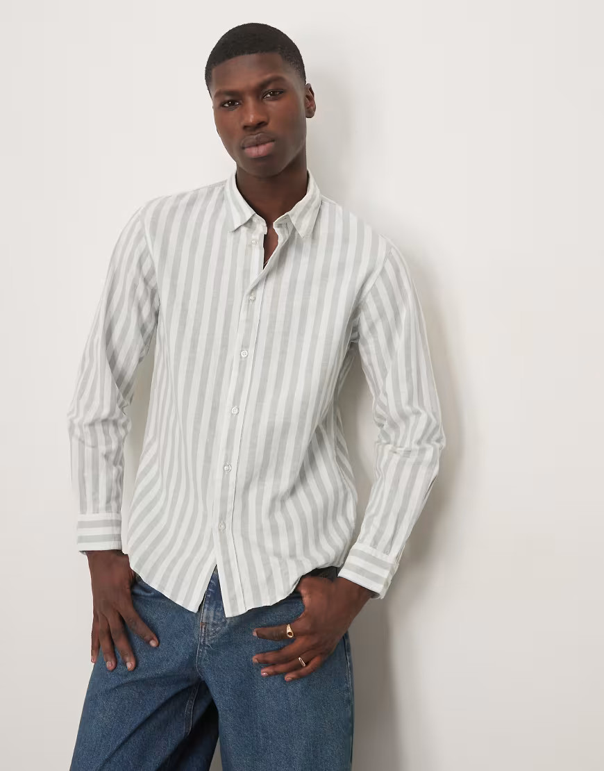 Selected linen blend slim shirt in green stripe | ASOS (Global)