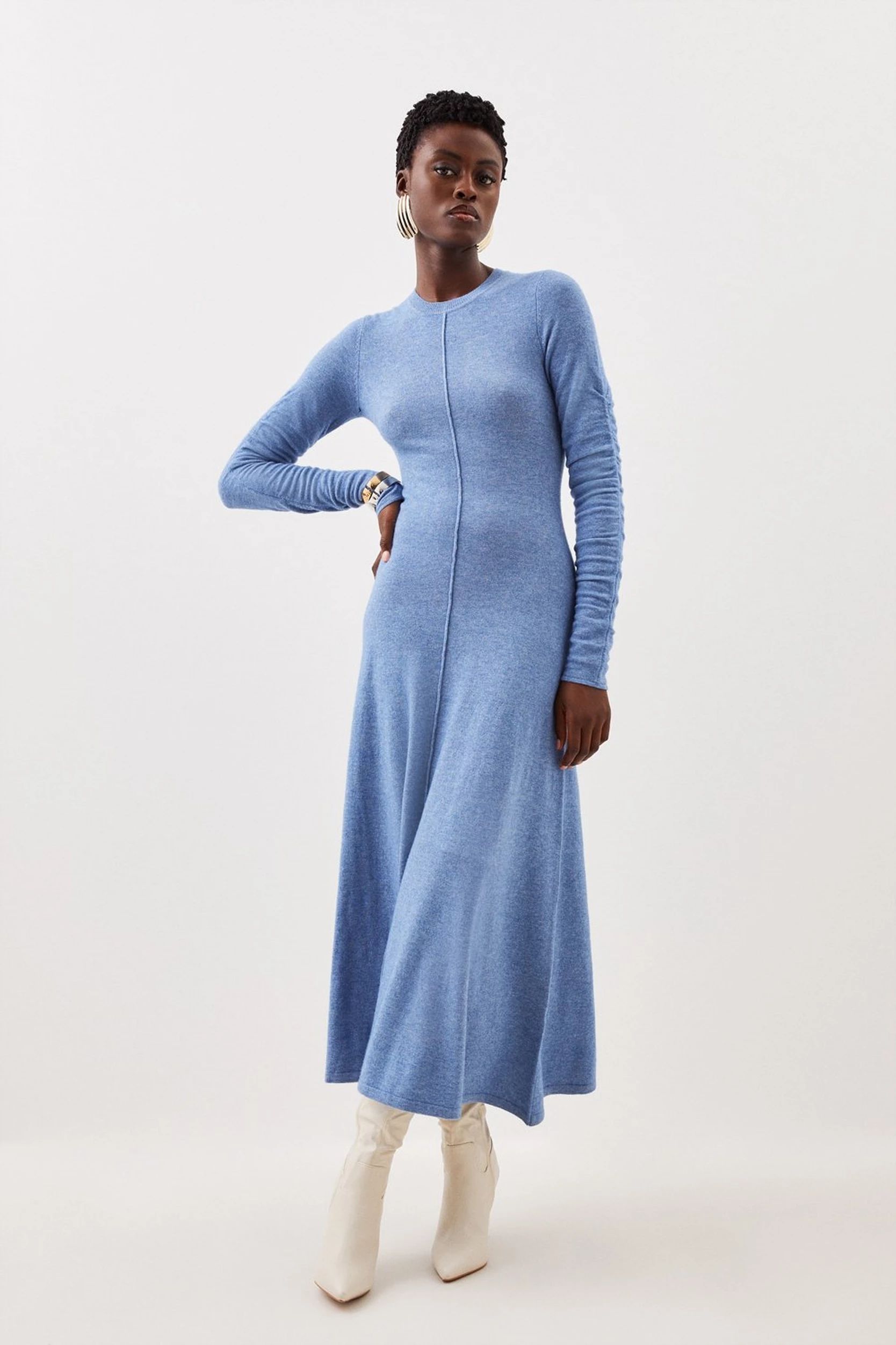 Cashmere Wool Crew Neck Ruched Sleeve Midi Dress | Karen Millen UK + IE + DE + NL