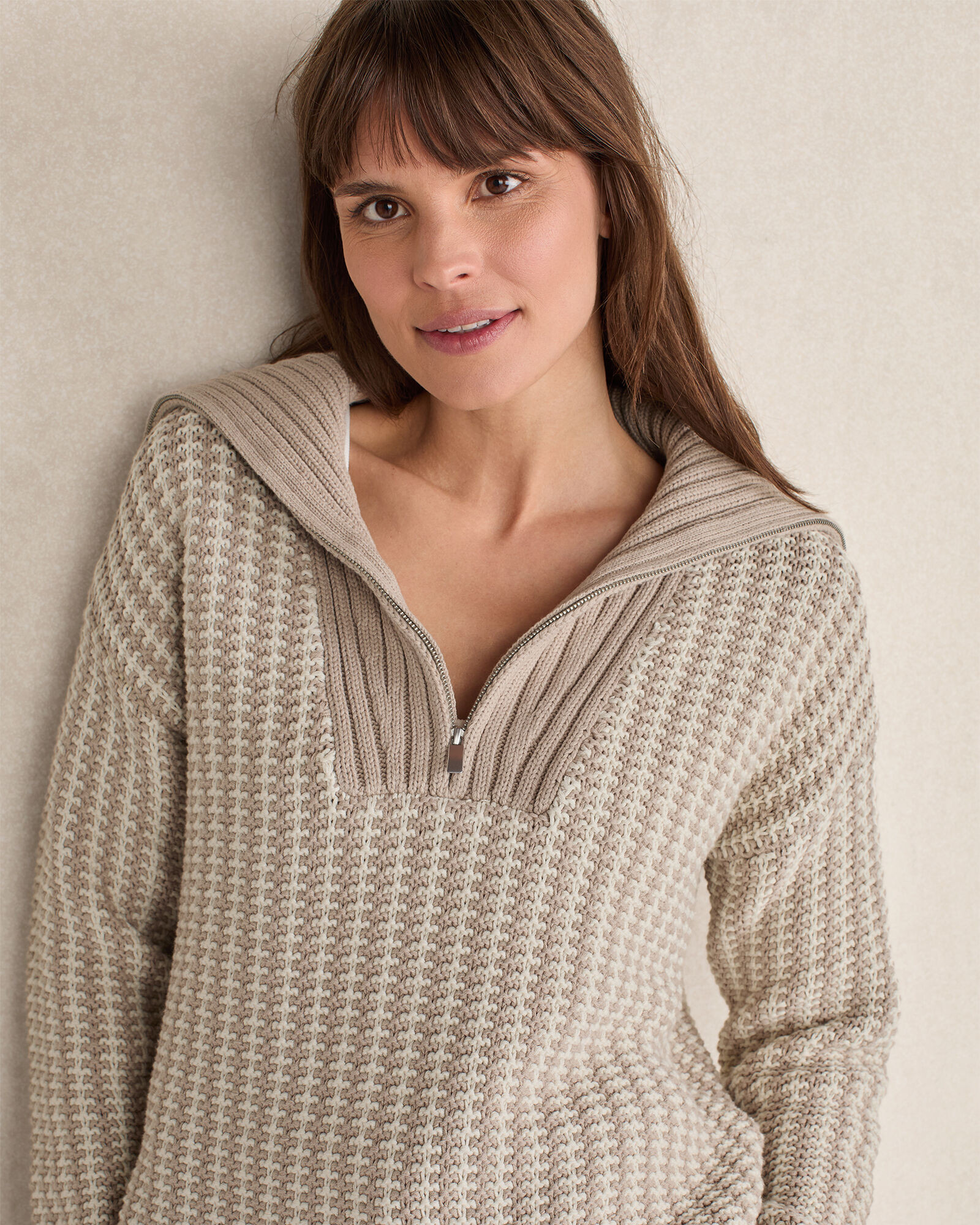 Cotton Blend Contrast Stitch Half Zip Sweater | Haven Well Within