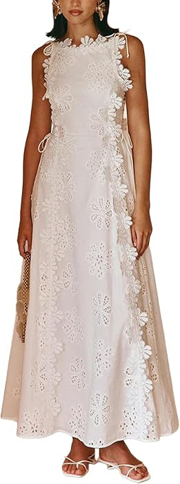 Embroidered Dress for Women Lace Eyelet Spaghetti Strap Dress Lace Trim Boho Maxi Dresses Floral ... | Amazon (US)