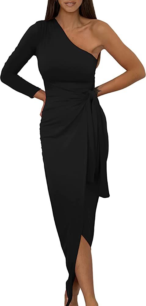 BTFBM Women Elegant Long Sleeve One Shoulder Cocktail Dress Bodycon Ruched Tie Waist Wrap Dress S... | Amazon (US)