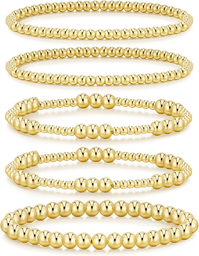 adoyi Gold Bracelets for Women, 14K Gold Plated Beaded Bracelets Strand Gold Stretch Bead Ball Br... | Amazon (US)