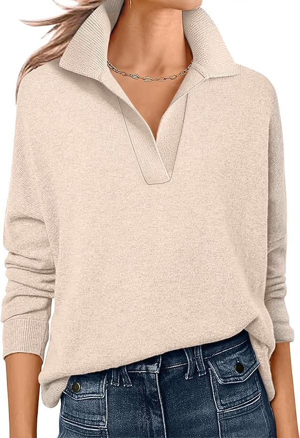 ANRABESS Womens Polo V Neck Long Sleeve Sweaters Lightweight Dressy Casual Business Basic Knit Pu... | Amazon (US)
