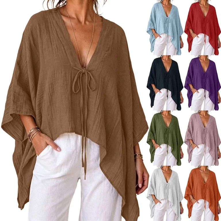 TAGOLD Womens Round-Neck Blouses & Shirts Solid Color Batwing V Neck 3/4 Sleeve Loose Casual Dail... | Walmart (US)