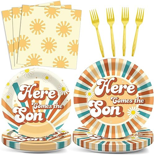 ZOIIWA 96 Pcs Here Comes the Son Baby Shower Decorations Here Comes the Son Paper Plates Napkins Forks Boho Sun Disposable Tableware Set Sunshine Dessert Plates Party Supplies for 24 Guests | Amazon (US)