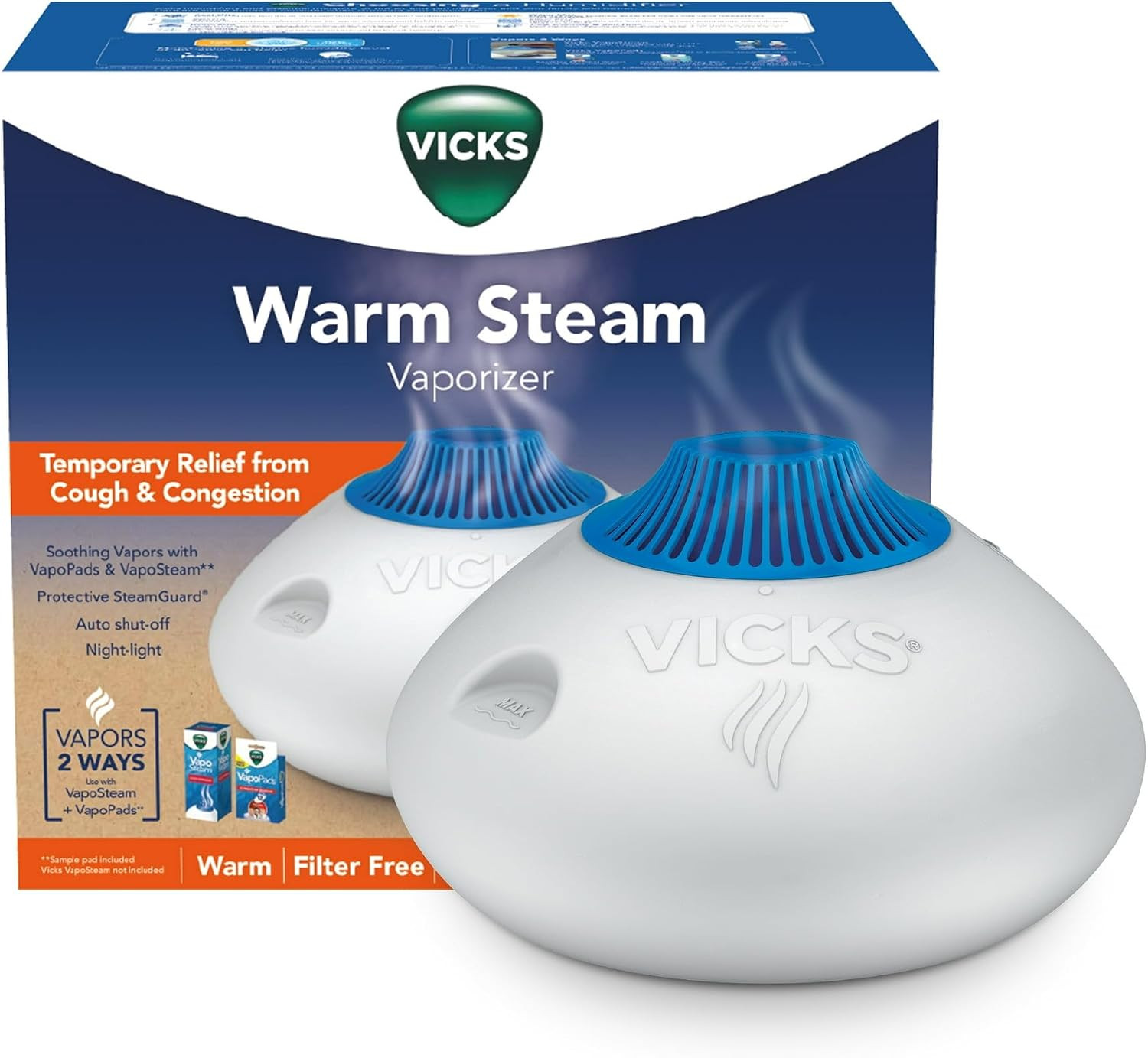 Vicks Warm Steam Vaporizer, Small to Medium Rooms, 1.5 Gallon Tank – Warm Mist Humidifier for Baby and Kids Rooms with Night Light, Works with Vicks VapoPads and VapoSteam | Amazon (US)