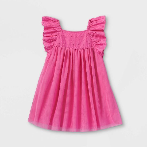 Toddler Girls' Ruffle Sleeve Eyelet Tutu Dress - Cat & Jack™ Bright Pink | Target
