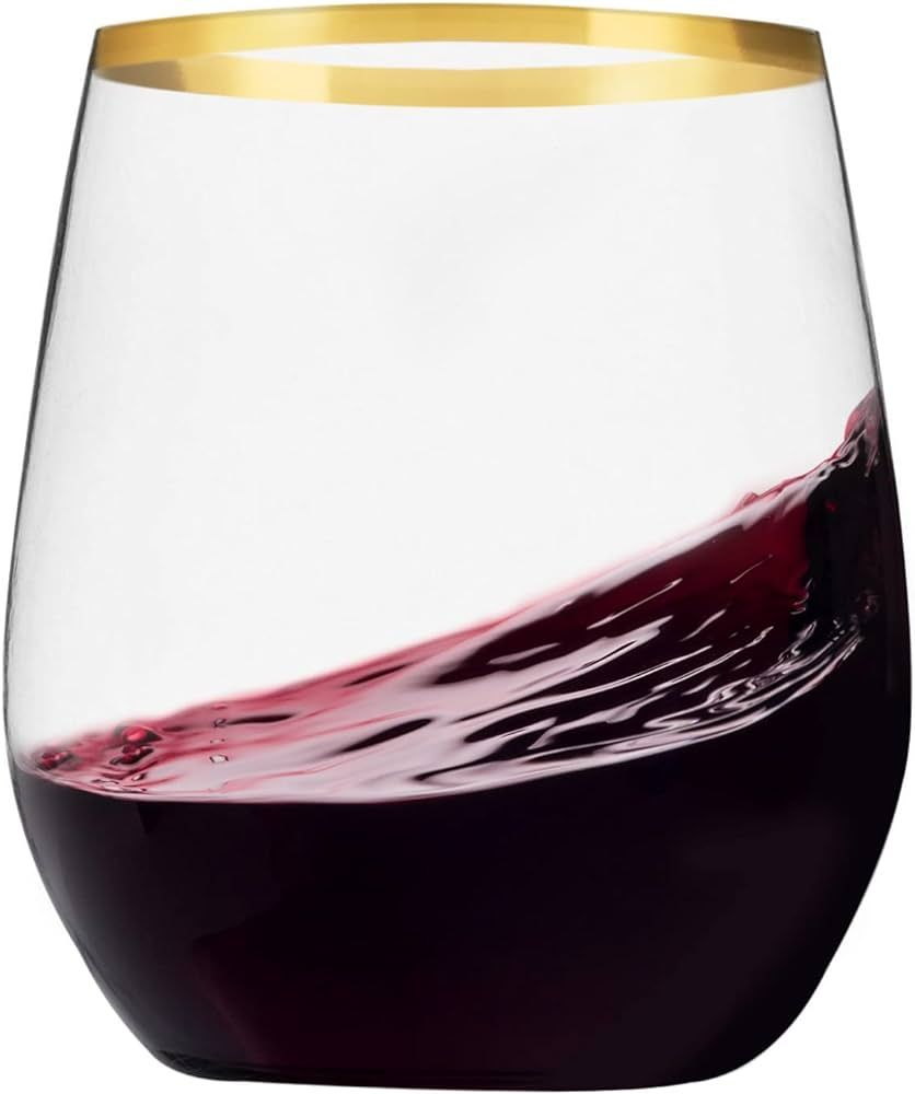 Munfix Stemless Wine Glasses with Gold Rim, Disposable Clear Plastic Cups 12 Oz - 24 Pack - Shatt... | Amazon (US)