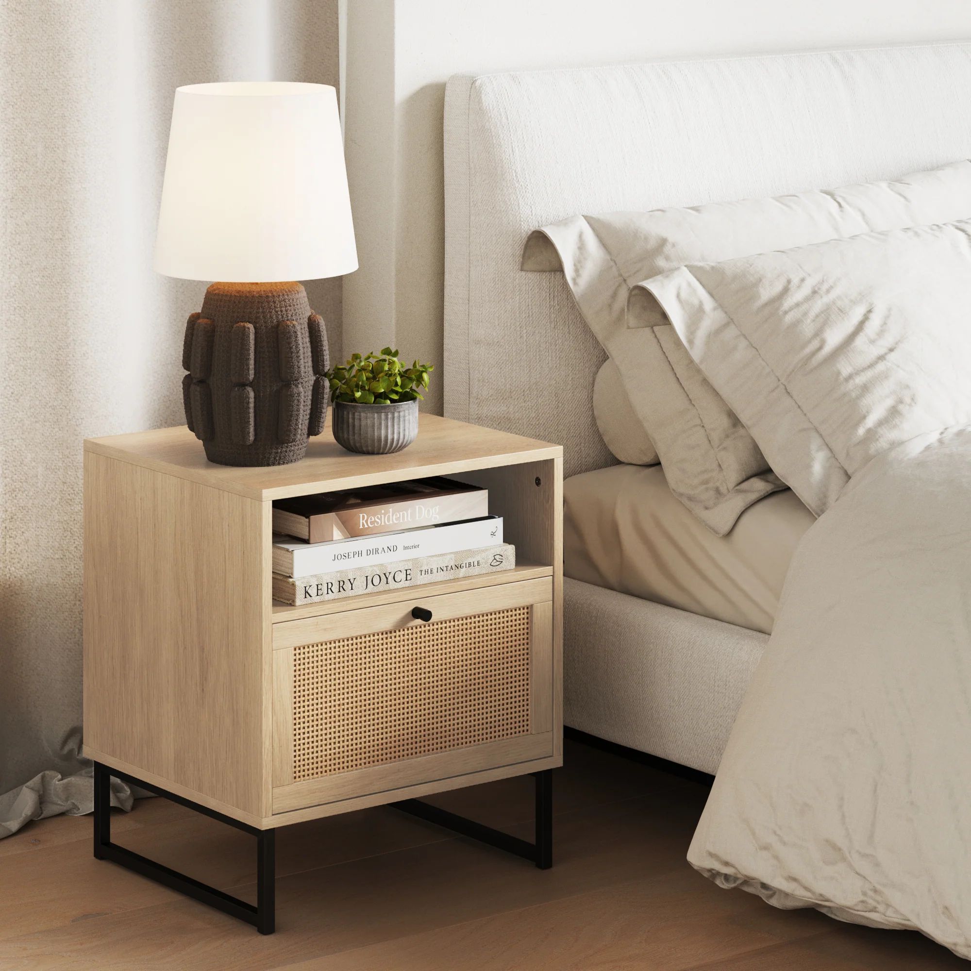 Rattan & Wood Storage Nightstand Light Oak | Nathan James