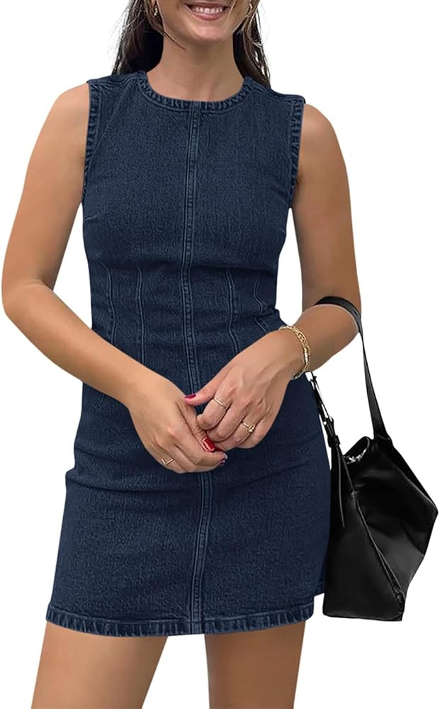 Wenrine Womens Denim Mini Dress Casual Sleeveless Crewneck Summer Jean Tank Dresses | Amazon (US)