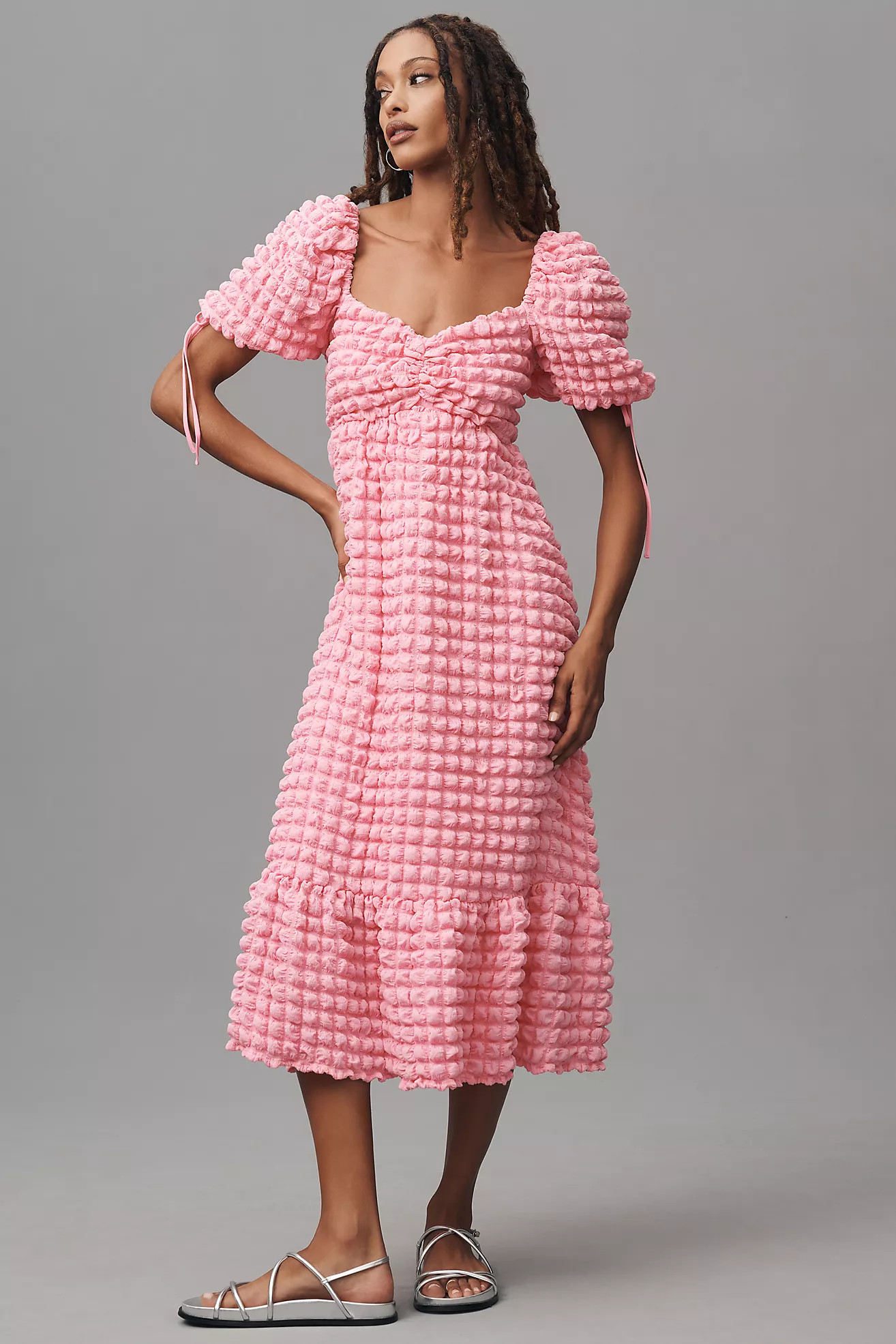 Endless Rose Puff-Sleeve Sweetheart Textured Midi Dress | Anthropologie (US)