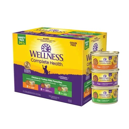 Wellness Complete Health Pate Adult Wet Cat Food, Natural, Protein-Rich, Grain Free, 3 Ounce , 24 Pack, (Chicken & Turkey Variety Pack) | Walmart (US)