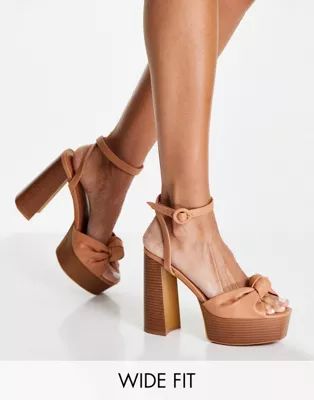 ASOS DESIGN Wide Fit Note knotted platform heeled sandals in tan | ASOS (Global)