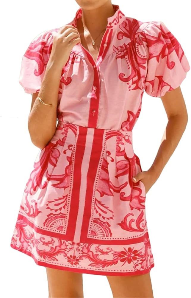 Womens Sexy 2 Pieces Printed Puff Sleeve Button T-Shirts Tops Bodycon Skirts Party Clubwear Vacat... | Amazon (US)