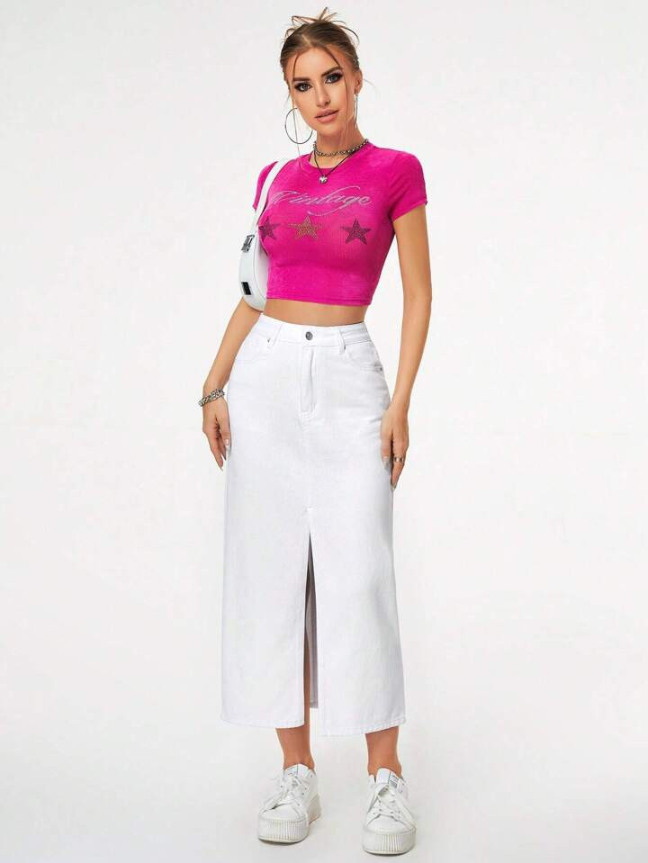 High Waist Split Thigh Denim Skirt | SHEIN