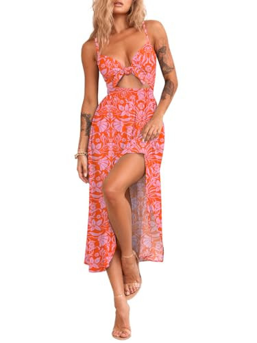 oten Beach Dresses for Women Vacation Sleeveless V Neck Strappy Long Floral Maxi Sundress Cute Tie Cutout Resort Casual Wear Red Floral Large | Amazon (US)