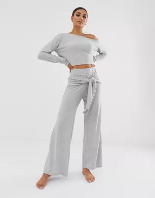 Loungeable mix & match wide leg tie front lounge pants in gray | ASOS US