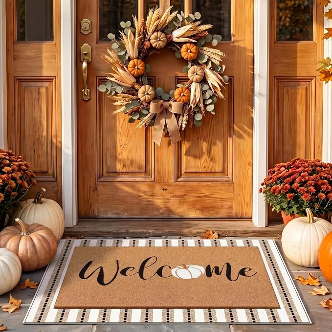 Drydiet 2 Pcs Fall Doormat Set, Pumpkin Coir Welcome Mat Beige Striped Rug | Layered Design for F... | Amazon (US)