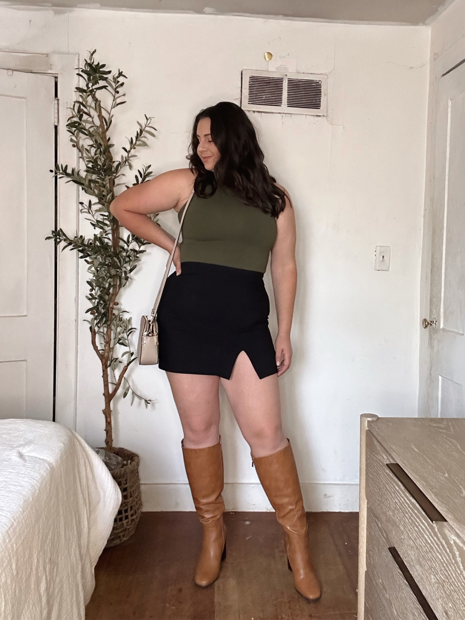 Knee high brown boots look. 