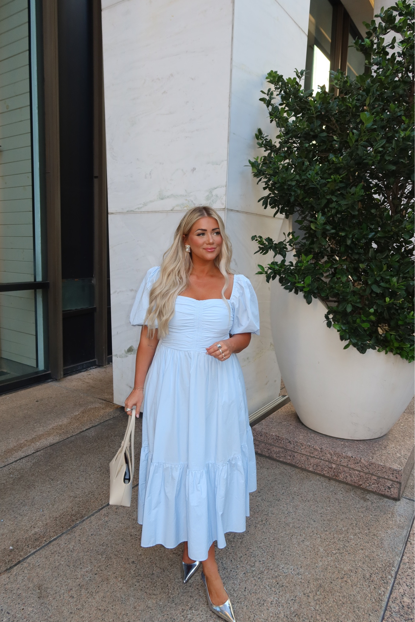 Outfit for Aritzia happy hour!! 🤍✨ Theme was frosted glam — love this dress sm, have it in 3 colors now. I do a size medium. The midi is almost sold out in all sizes but the shorter version is available #happyhour #falloutfit 

#LTKCon