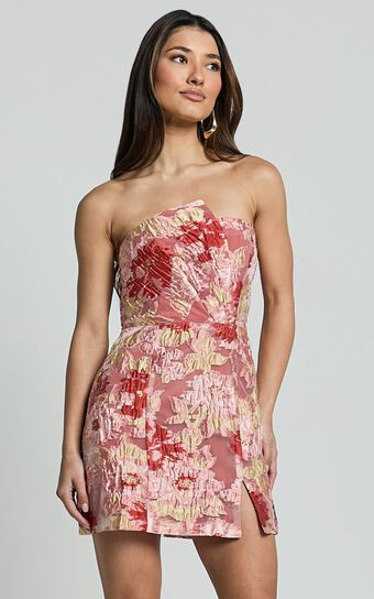Atalia Mini Dress - Strapless Draped Jacquard Dress in Rust | Showpo (US, UK & Europe)