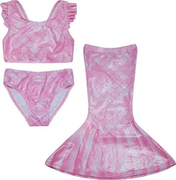 Girls UPF 50+ 3 Piece Mermaid Shell Swimsuit with Ruffle Shoulders | Nordstrom