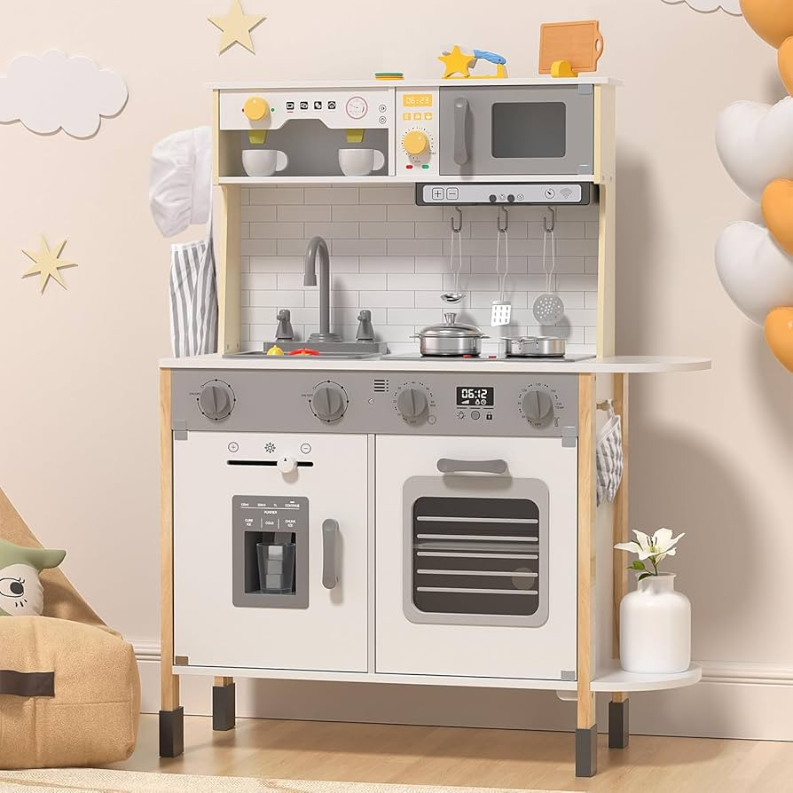 BIERUM Play Kitchen, Wooden Kids Kitchen Playset for Toddlers with Real Lights & Sounds, Height A... | Amazon (US)