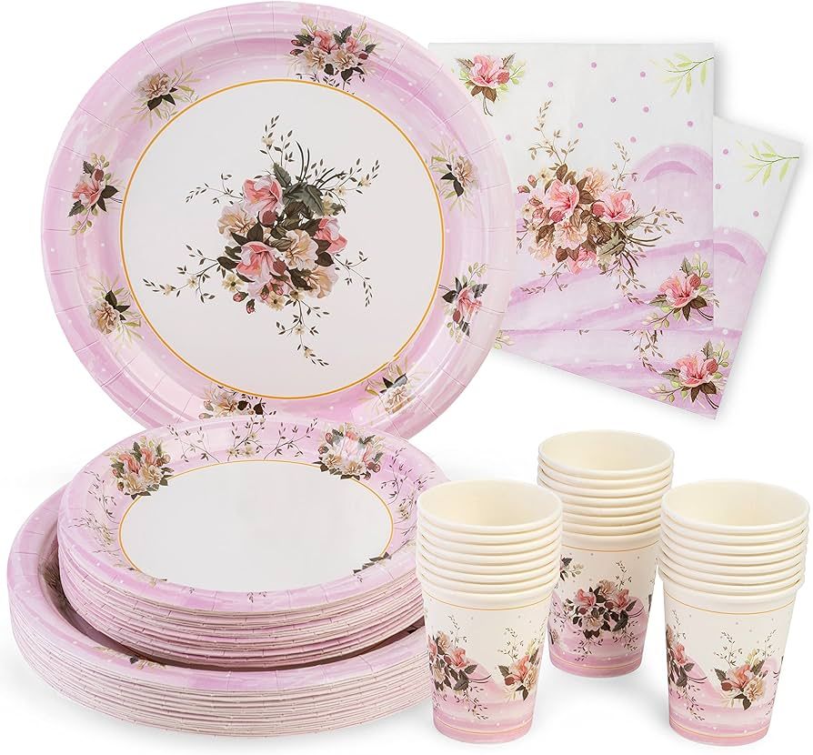 Royal Bluebonnet Tea Party Decorations -Set of 24- Pink Floral Paper Plates (7 & 9 Inch), Paper N... | Amazon (US)