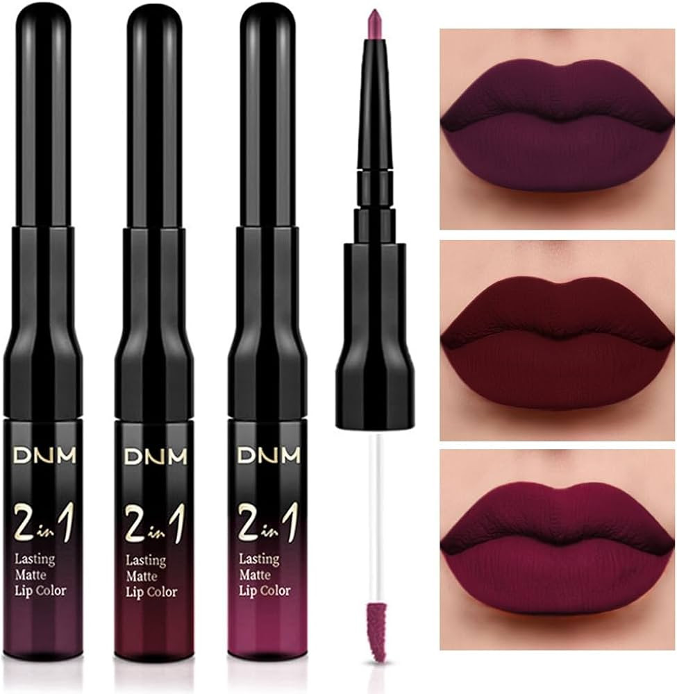 evpct 3Pcs Dark Red Purple Plum Lip Stain Paint Matte Lip Liner and Lipstick Set Long Lasting Smu... | Amazon (US)