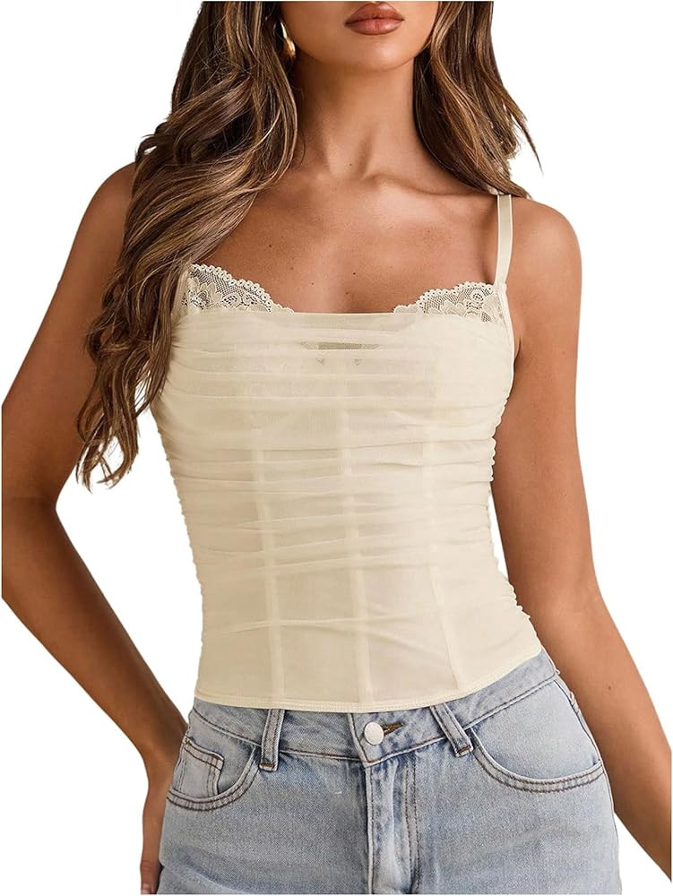 Milumia Women's Sexy Lace Mesh Bustier Corset Top Spaghetti Strap Going Out Camisole Tops | Amazon (US)