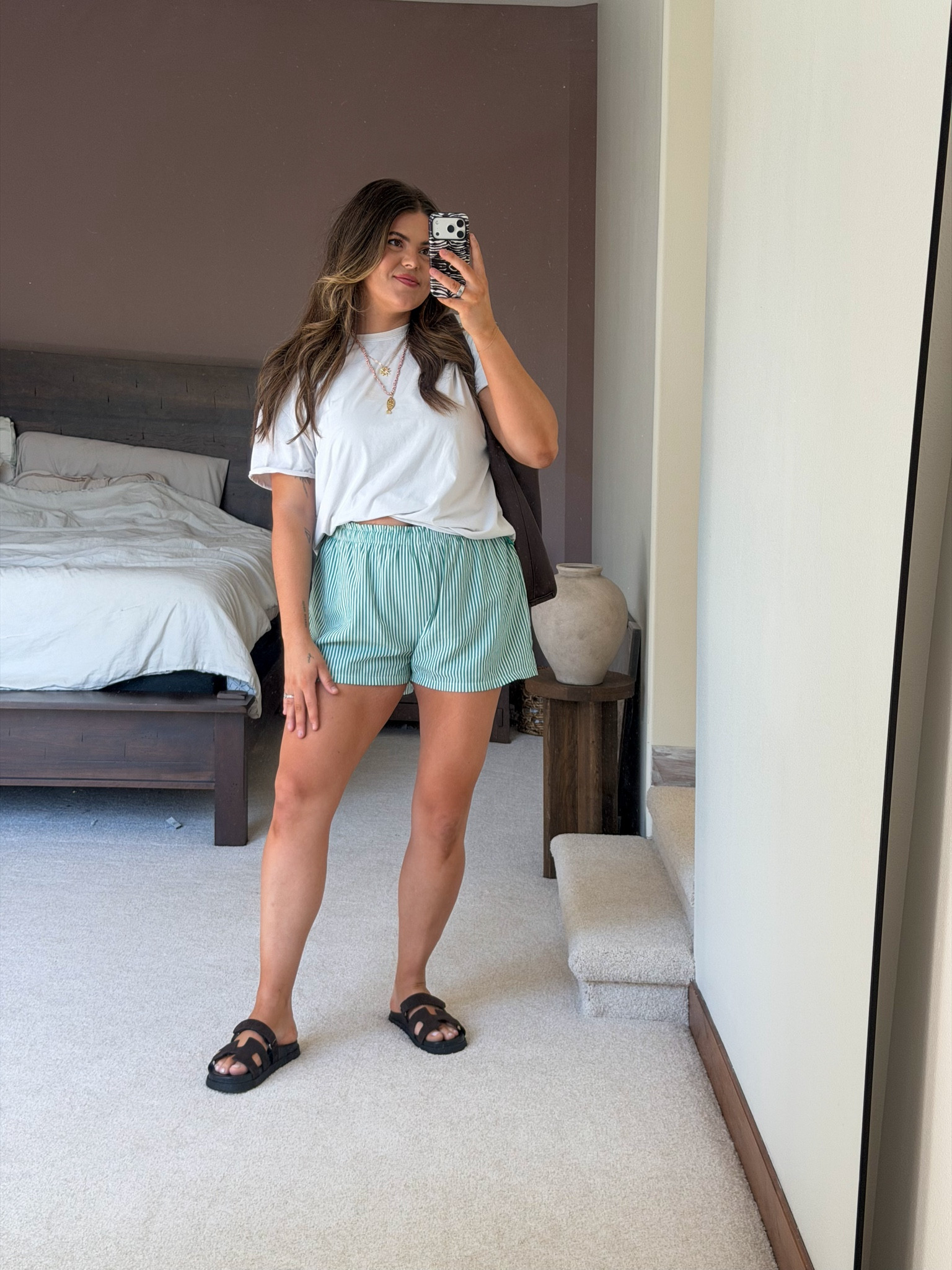 Casual summer outfit 

Walmart striped shorts size large
Free people tee size large
Steve Madden sandals Tts

Midsize, size 12, size 14, mom style, curvy outfit
