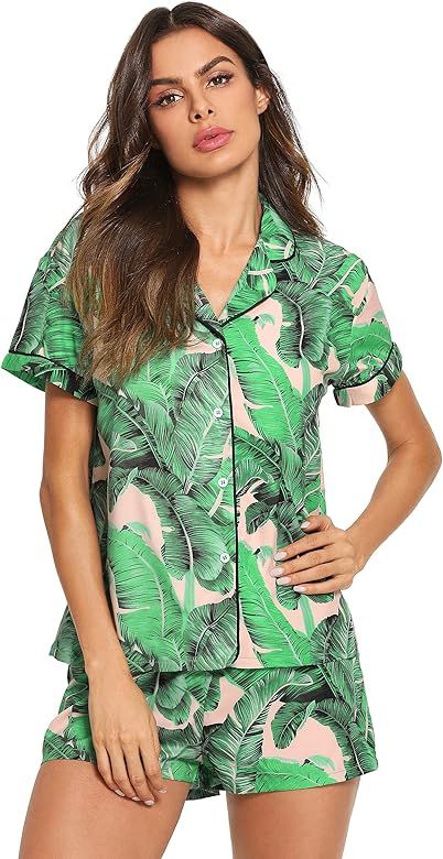 Women's Notch Collar Palm Leaf Print Sleepwear Two Piece Pajama Set | Amazon (US)