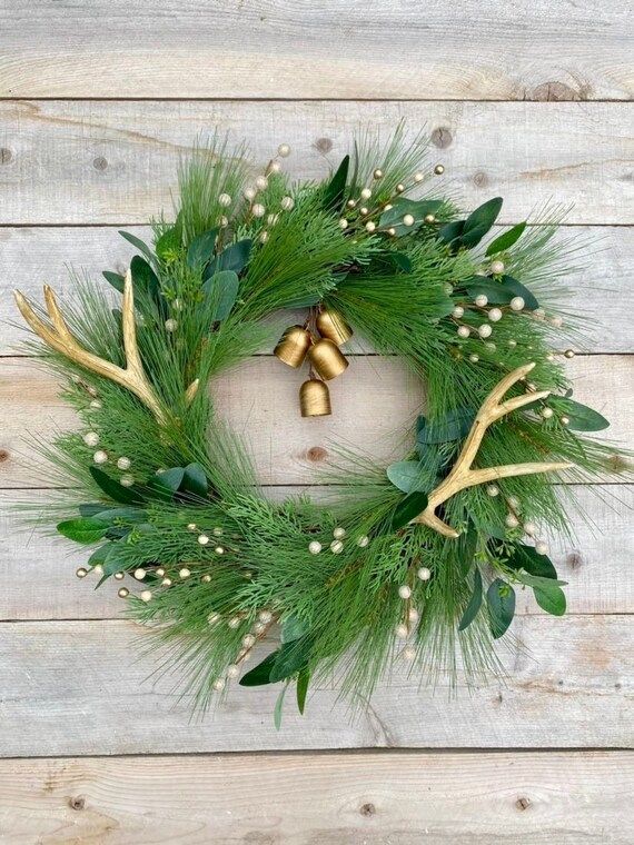 Evergreen and Eucalyptus Christmas Wreath With Gold Bells and - Etsy | Etsy (US)