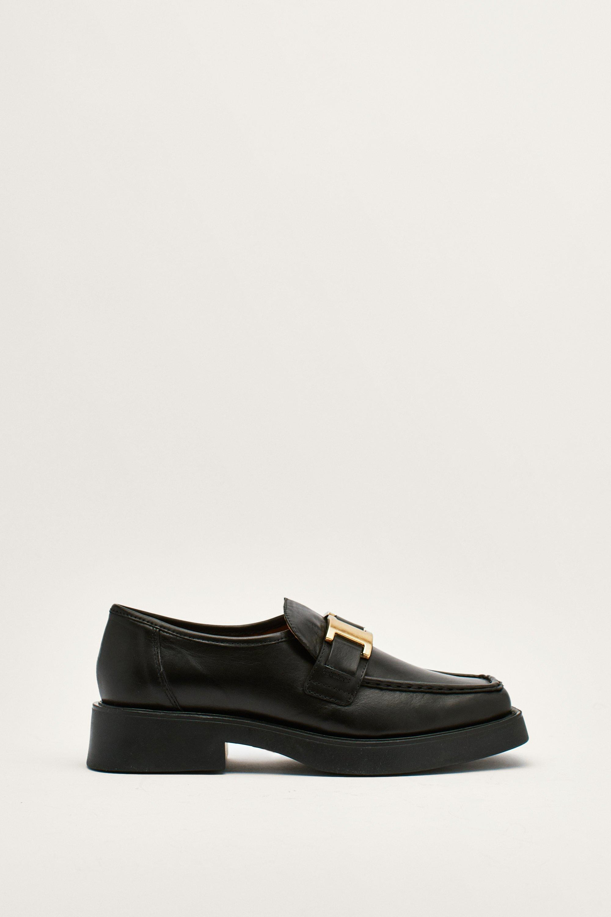 Womens Leather Buckle Smooth Chunky Loafers - Black - 6 | Nasty Gal (US)