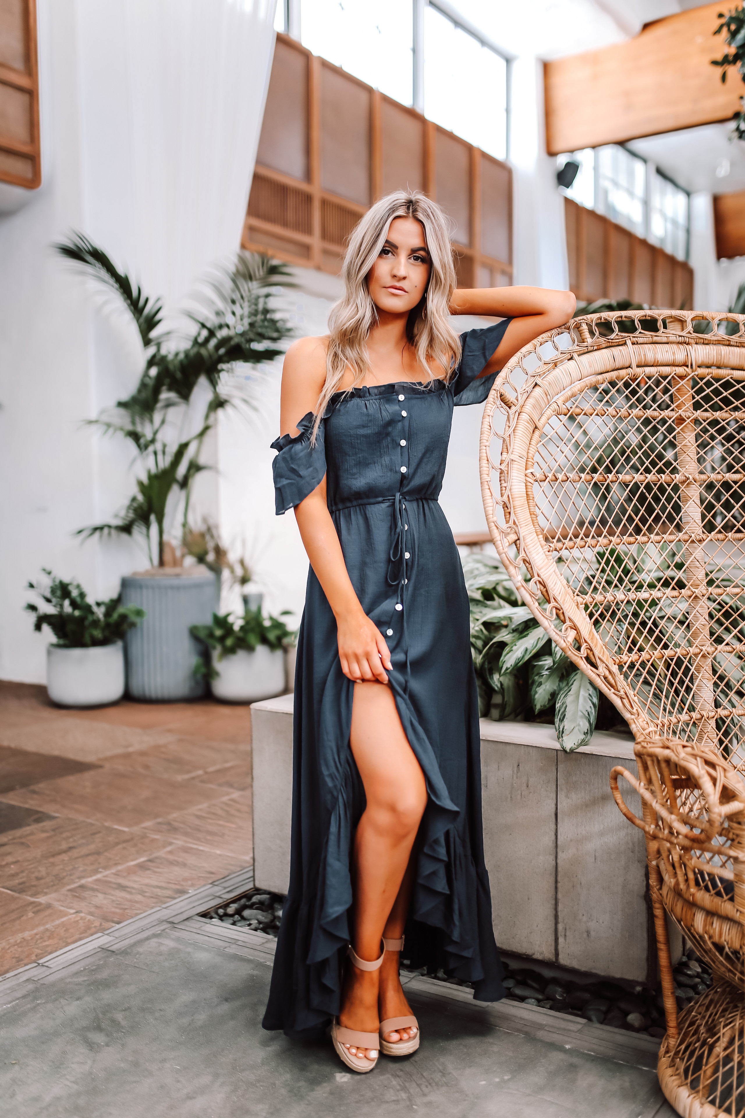 Off the Shoulder Button Down High Low Maxi - Navy | Magnolia Boutique