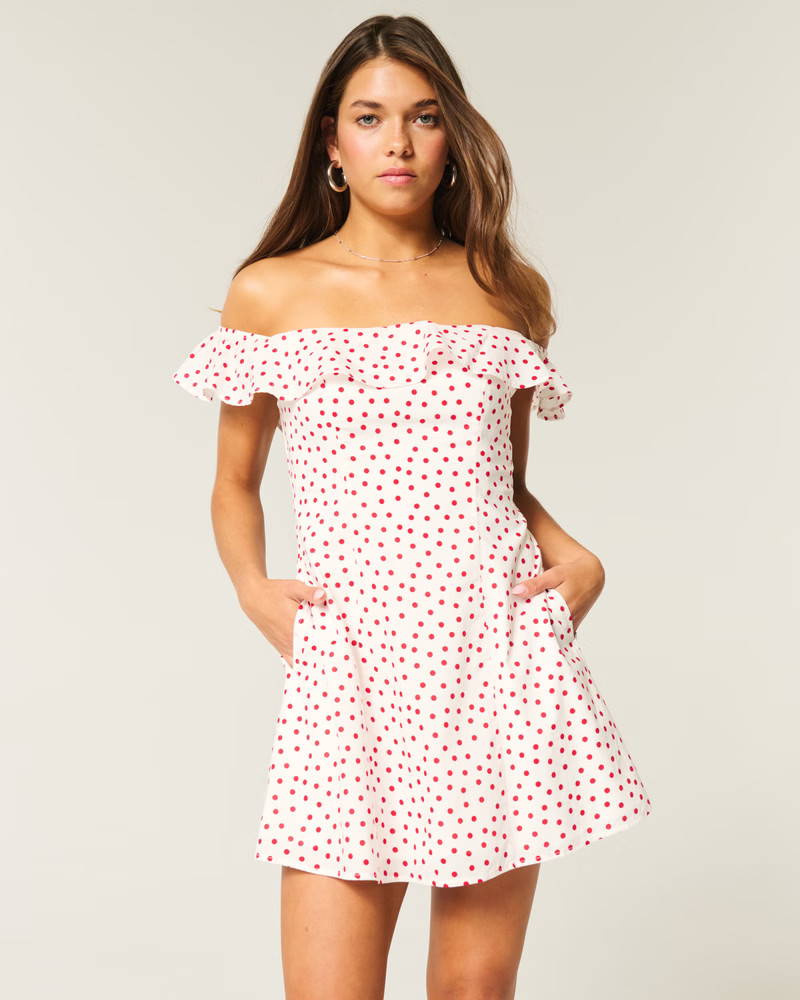 Off-the-Shoulder A-Line Ruffle Mini Dress | Hollister (US)