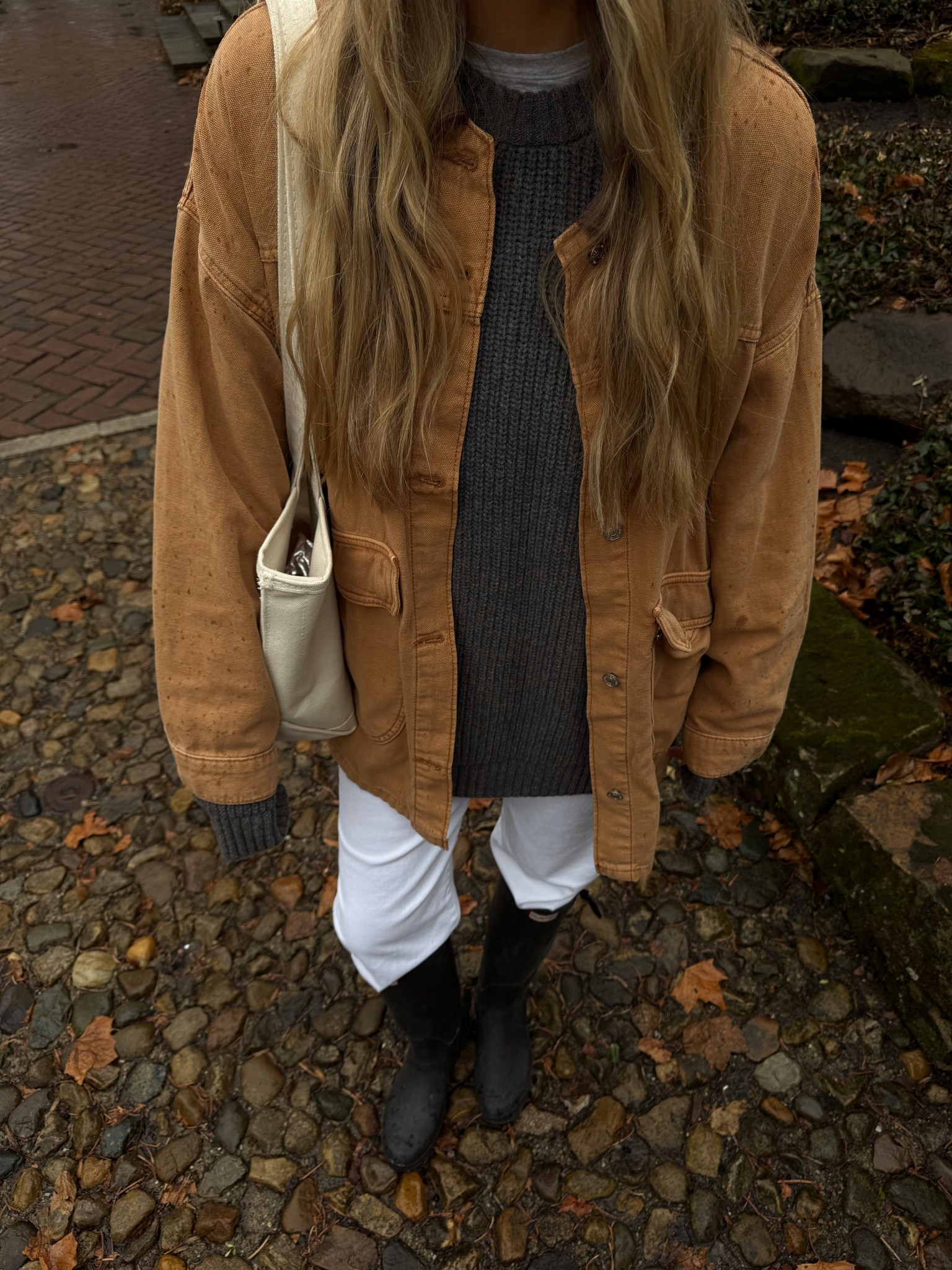 spring transition rainy day outfit of the day 🌧️🪵🌿
oversized barn jacket from free people
mother denim white jeans tucked into my  hunter boots 
llbean canvas boat tote bag 
similar sweater linked! (Exact is from Yelabel) 

casual cute spring style, rain boots outfit, rain jacket, New England style, countryside, gloomy weather outfit, east coast outfits

#LTKSeasonal #LTKSpringSale #LTKootd
