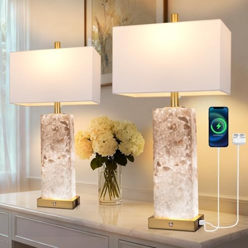 2-Pack 25.6" Alabaster Lamps, Marble Lamp Nightstand Lamps Set of 2, 3-Color Temperatures Bedside... | Amazon (US)