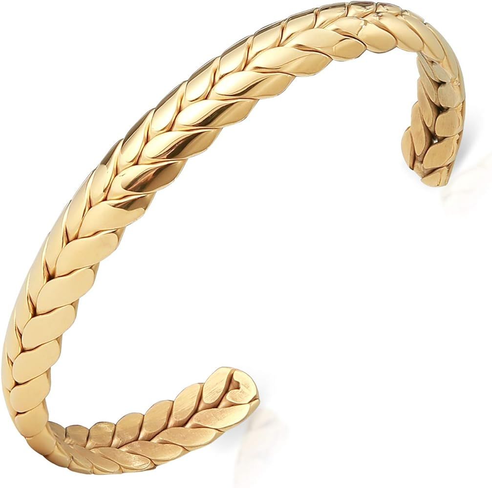 Lolalet Wide Open Cuff Bracelet, Christmas Gift for Women, 18K Gold Plated Wheat Style Couples Lo... | Amazon (US)
