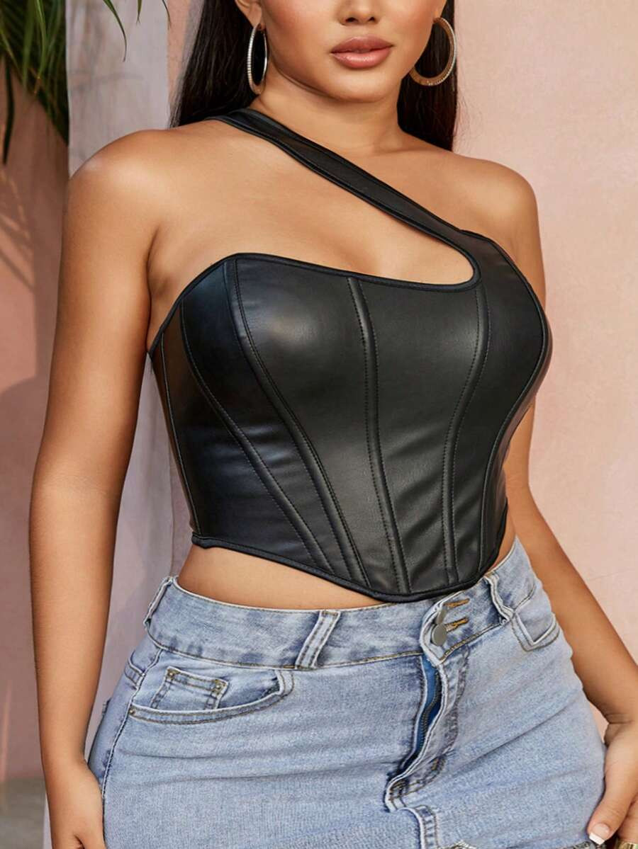 Plus Size Punk One Shoulder PU Leather Lace Up Back Backless Asymmetrical Hem Boned Overbust Shap... | SHEIN