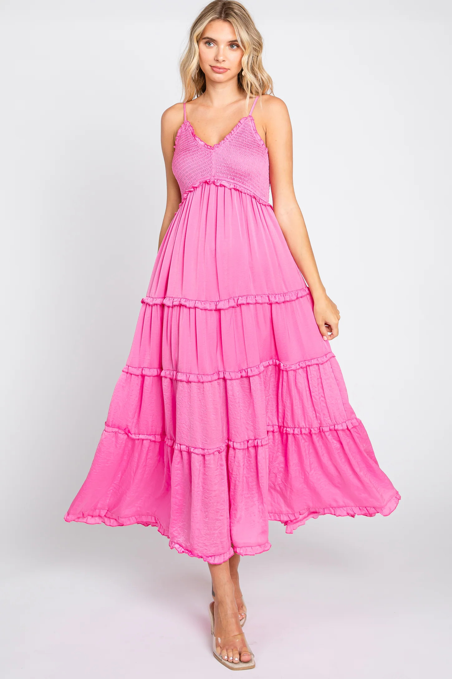 Pink Smocked Ruffle Tiered Maxi Dress | PinkBlush Maternity